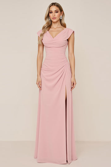 Candy Pink Chiffon Cowl Neck Long Bridesmaid Dress with Slit
